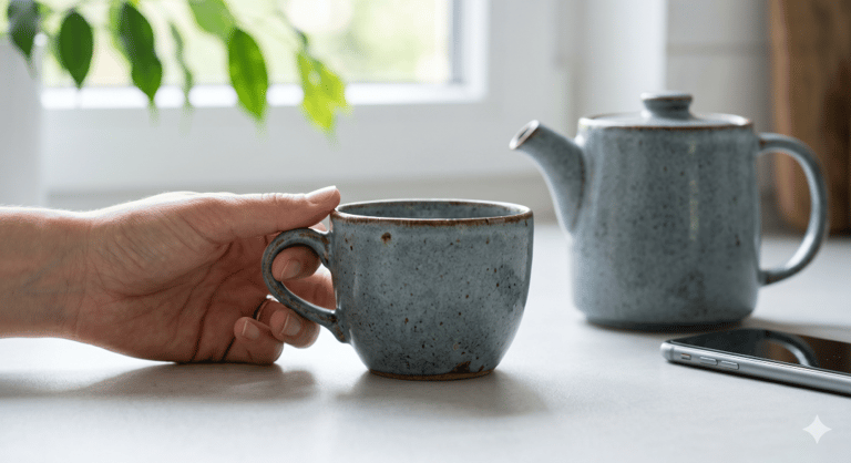 Eine Hand umschließt die handgetöpferte Teetasse Felix im Morgenlicht, während ein Smartphone beiseite geschoben liegt. Das Bild zeigt die Wahl zwischen digitaler Ablenkung und analoger Ruhe.