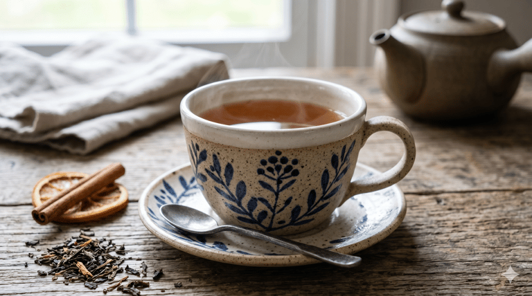 Teetasse_Felix auf einem Holztisch angerichtet